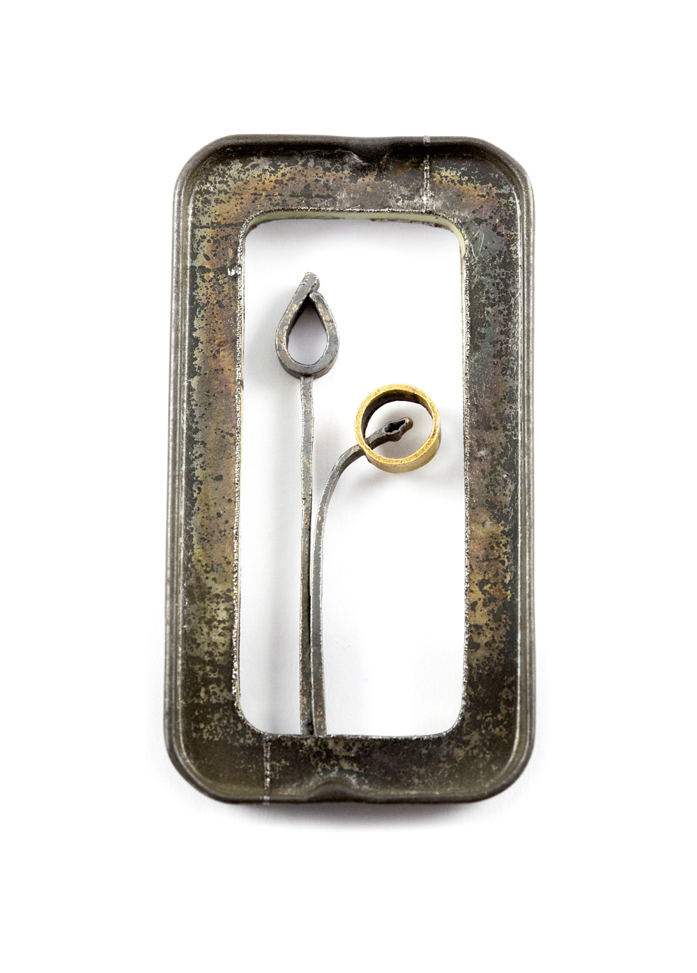 Jo Pond, Planted Frame Brooch, Repurposed steel tin, steel, silver, gold plate