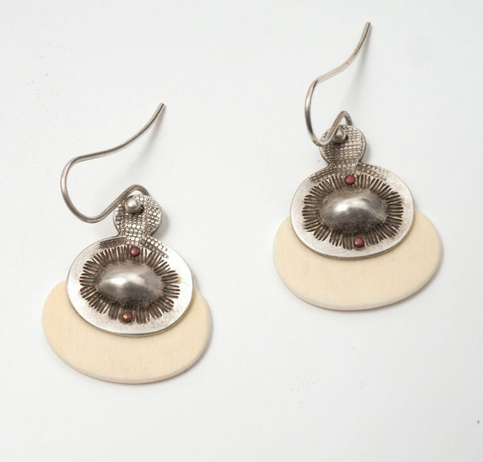 Jesse Bert, Small Oval Drops , sterling silver, Antique ivory from piano keys (1911 or prior) rivets 