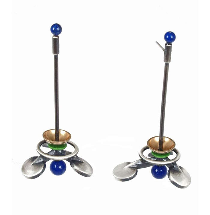 Lisa & Scott Cylinder, Triad Earrings #2, Silver, bronze, celluloid, blue onyx, lapis lazuli, paint