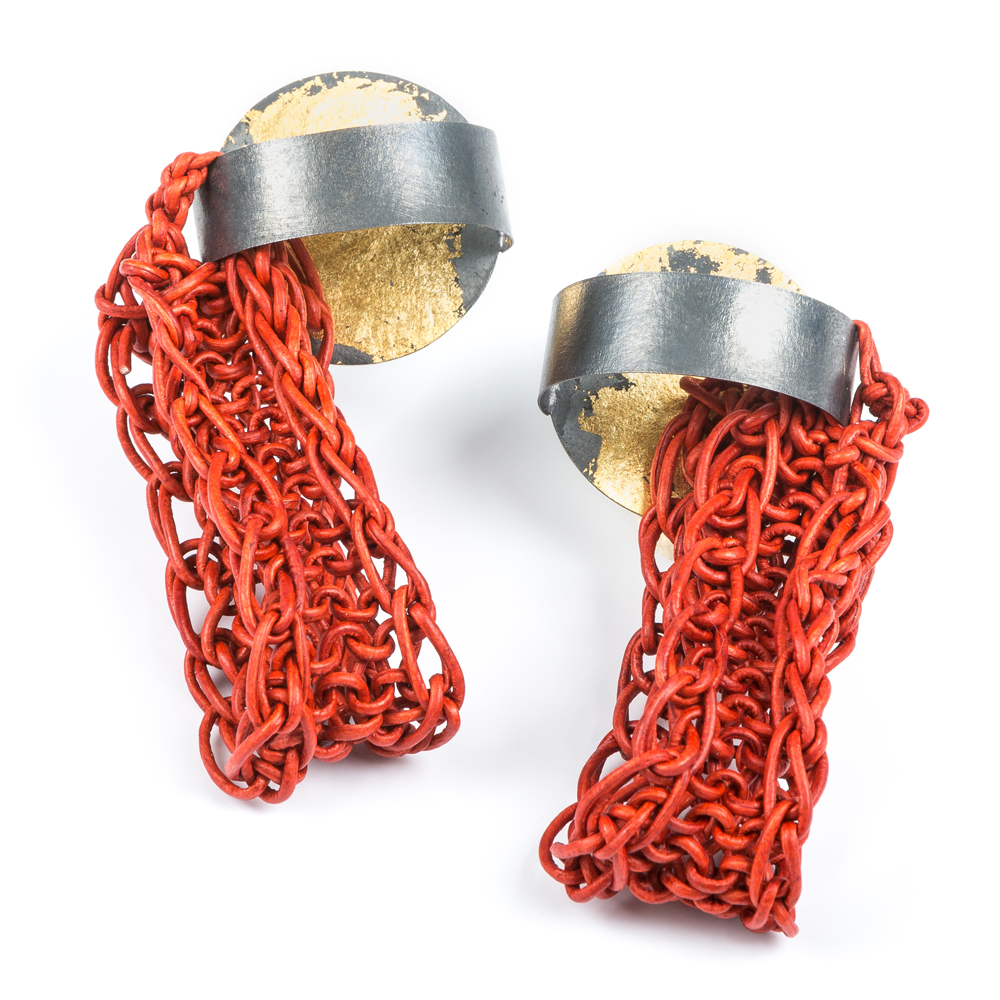 Brooke Marks-Swanson, Red Form Earrings, 2016, Leather, silver, 22k gold leaf