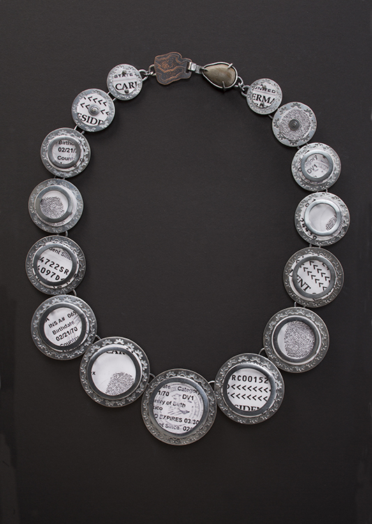 Mayte Amezcua, Mexico, Green Card, Necklace, 2013, Sterling silver, engraved copper, pieces of Green Card, stone 